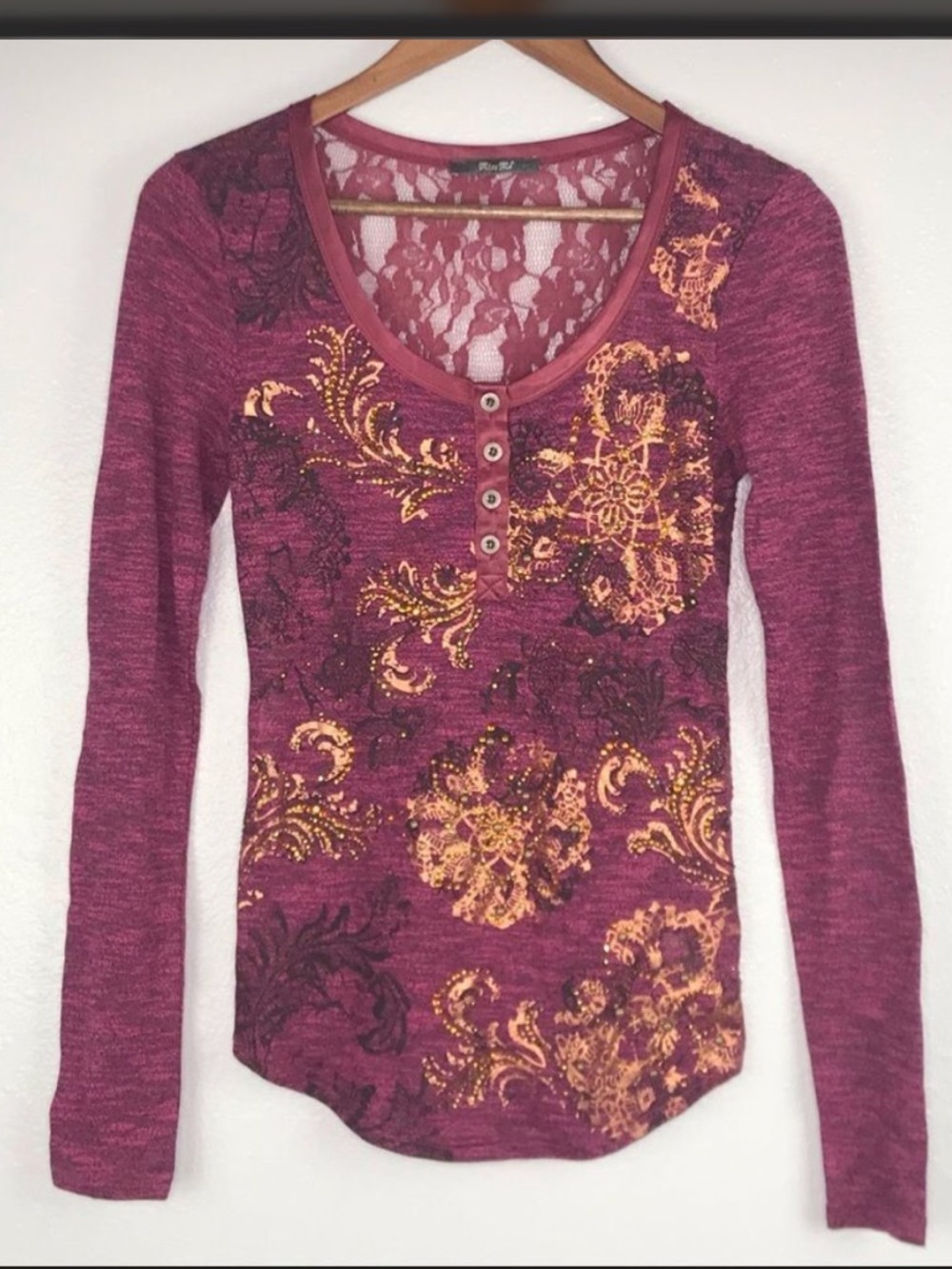 Miss Me Shirt - burgundy/gold long sleeve Y2K style sheer lace back